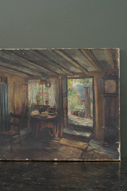Antique British School Cottage Interior Oil Painting, Circa 1900