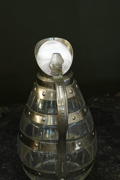 Antique Silver Plate Cut Glass Barrel Jug, England, Circa 1900