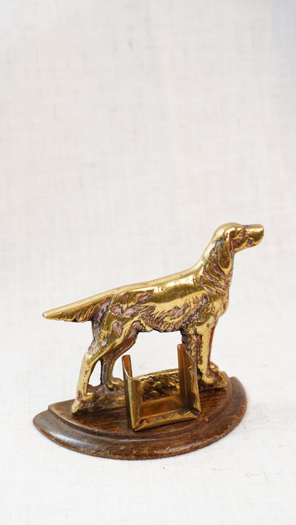 Antique English Brass Setter Dog Figure on Wood Plinth