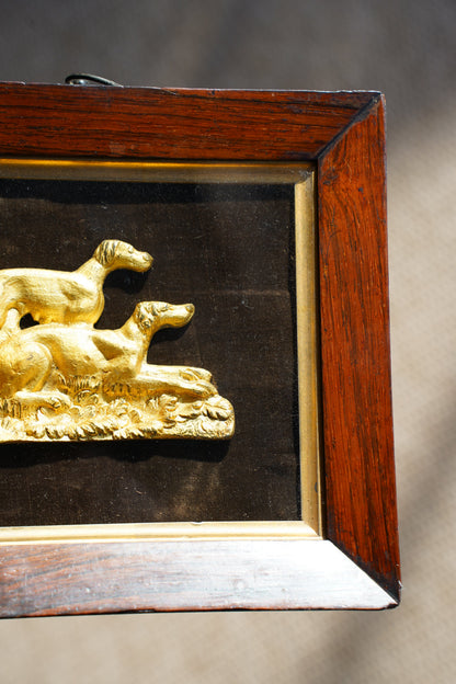 Antique Gilt Hunting Dog Relief, Rosewood Shadowbox Frame, 19th Century