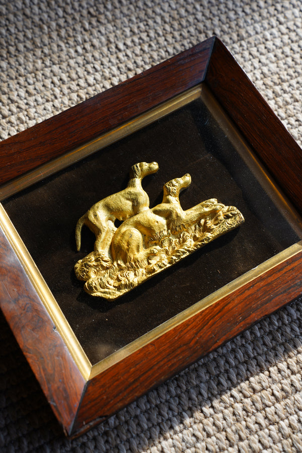 Antique Gilt Hunting Dog Relief, Rosewood Shadowbox Frame, 19th Century