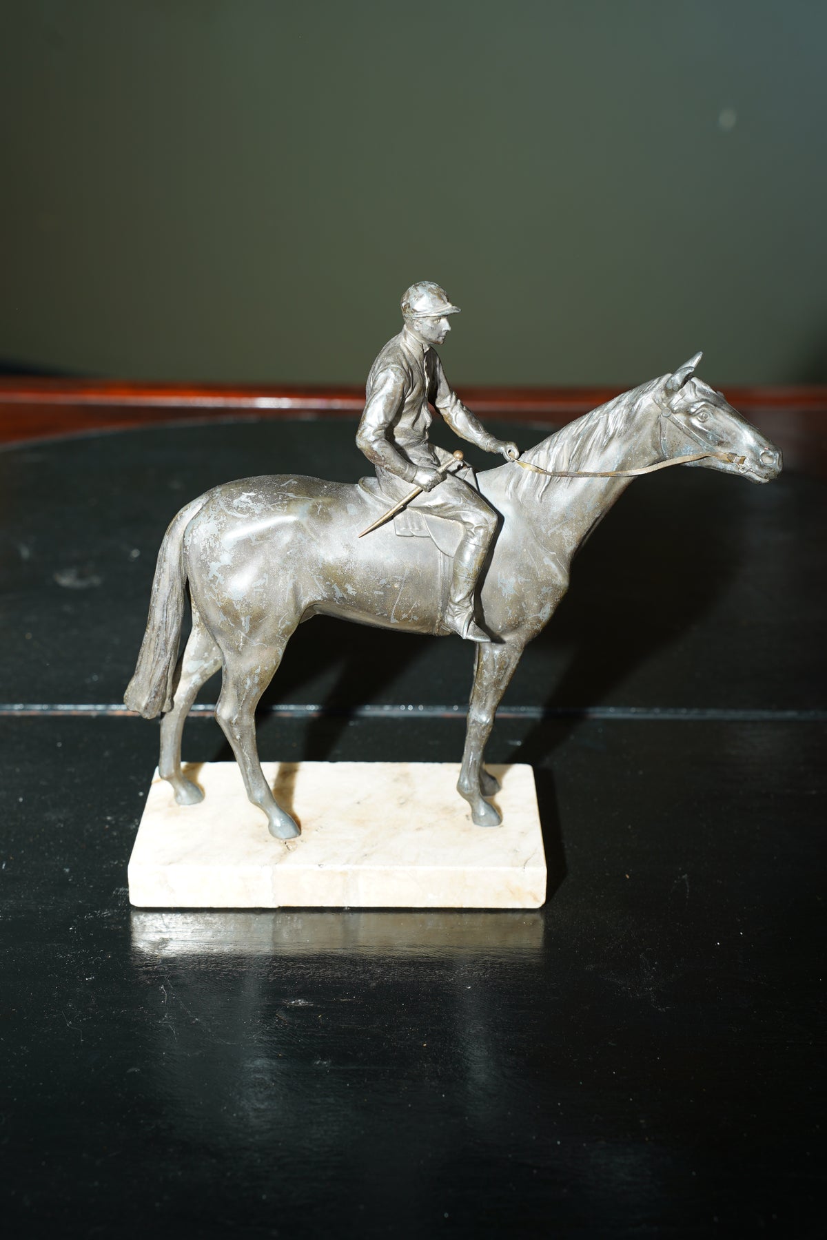 Antique Bronzed Spelter Racehorse and Jockey Statue on Marble Base