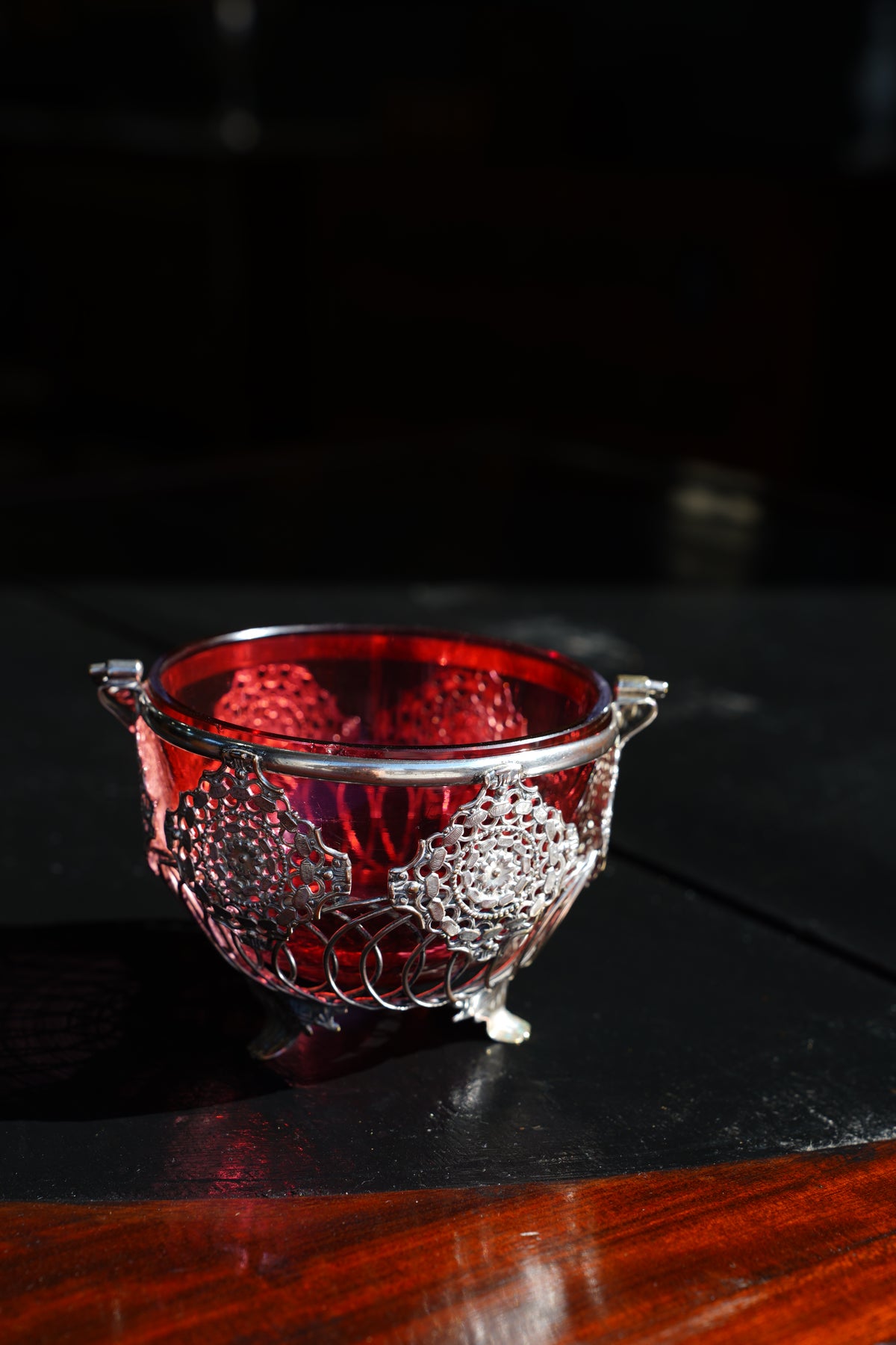 Antique English Silverplate Cranberry Glass Basket