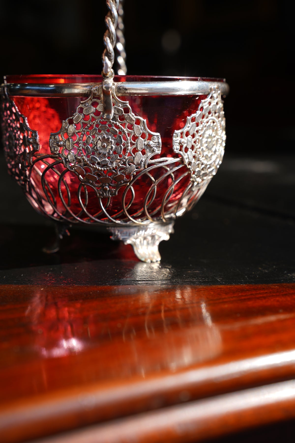 Antique English Silverplate Cranberry Glass Basket