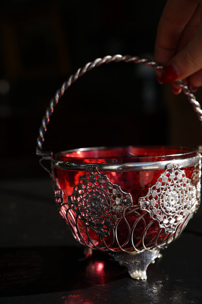 Antique English Silverplate Cranberry Glass Basket