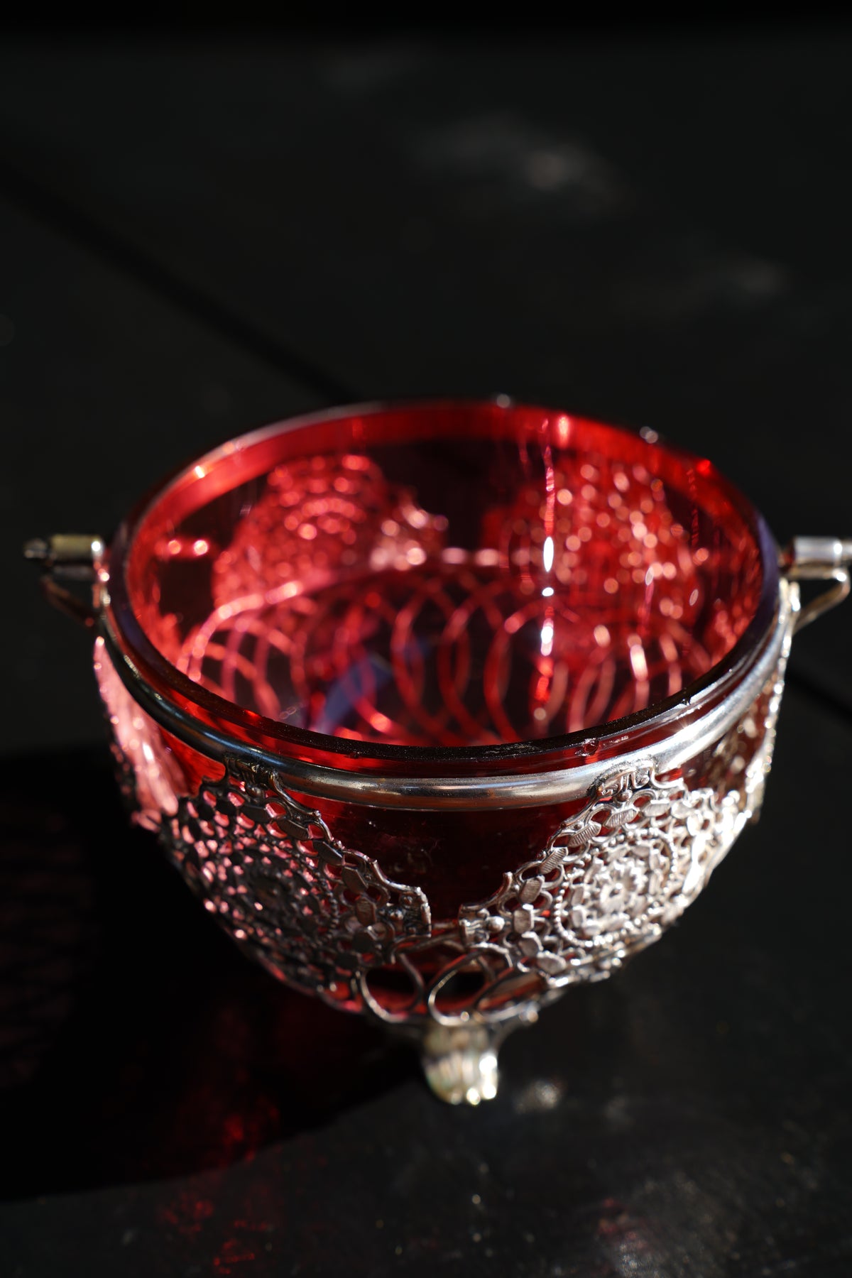 Antique English Silverplate Cranberry Glass Basket