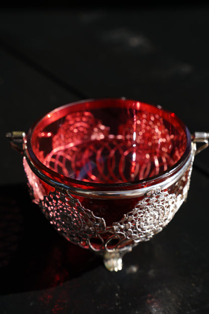 Antique English Silverplate Cranberry Glass Basket