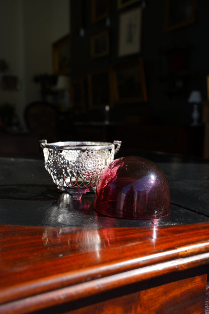 Antique English Silverplate Cranberry Glass Basket