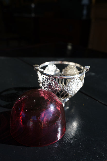 Antique English Silverplate Cranberry Glass Basket