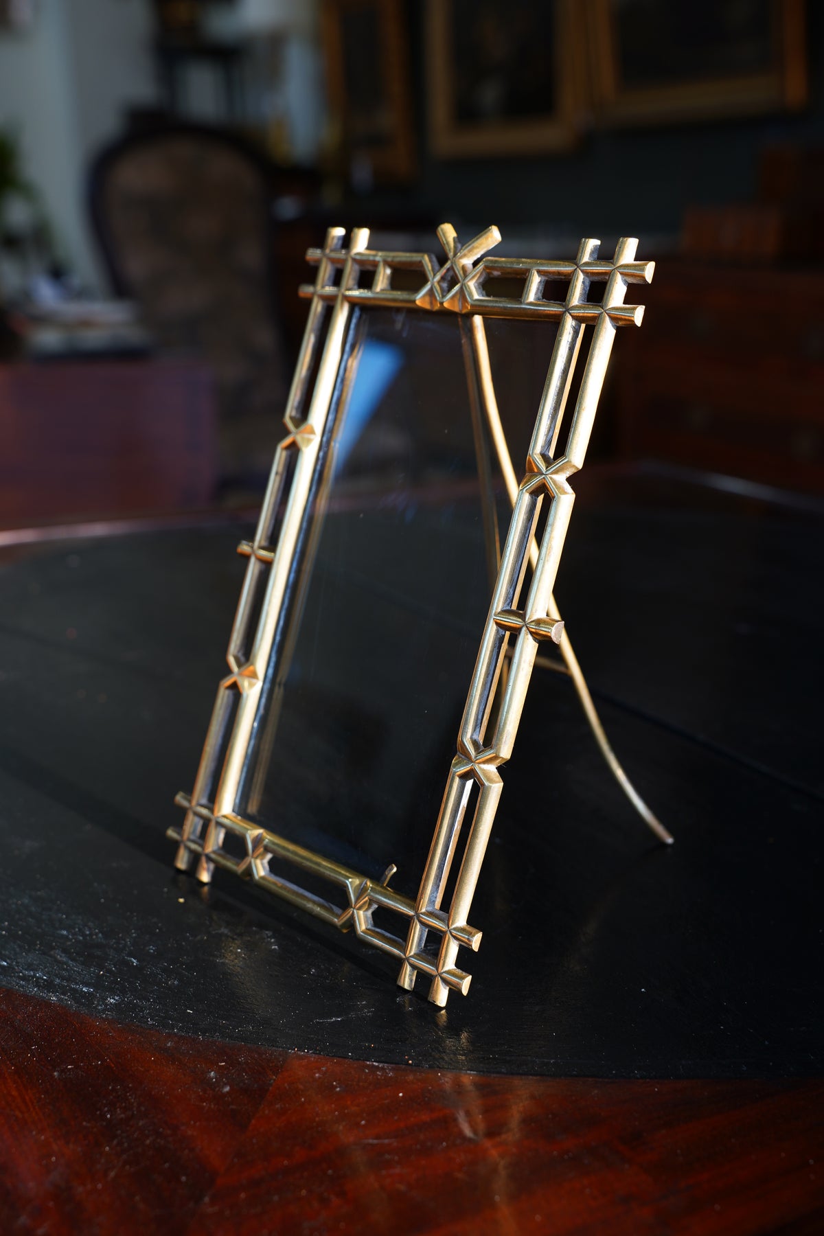 Antique Victorian Brass Easel Frame, Bamboo Lattice