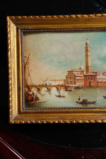 Antique Venice Canal Oil Painting on Panel