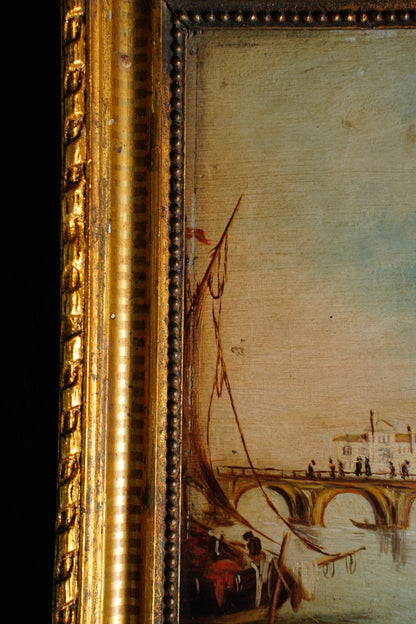 Antique Venice Canal Oil Painting on Panel
