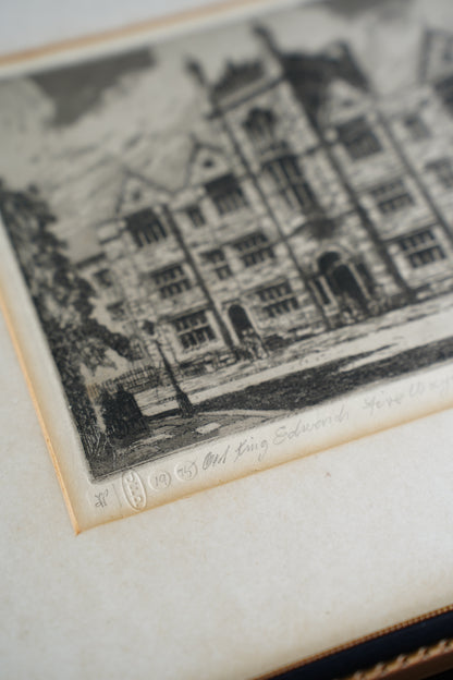 Vintage Signed Etching of Old King Edward's School, Birmingham