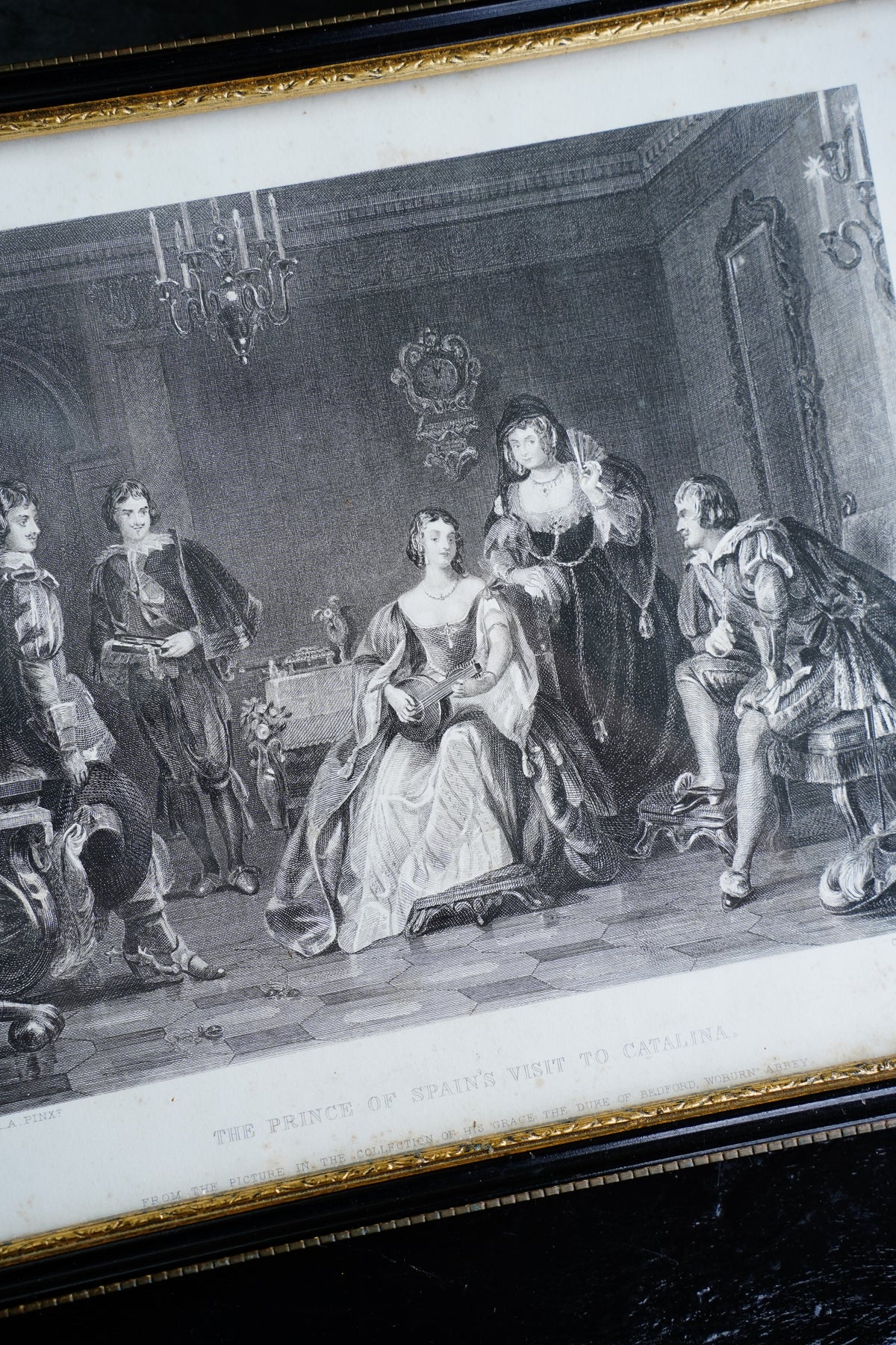 Antique Framed Spanish Court Scene Engraving, 19th Century
