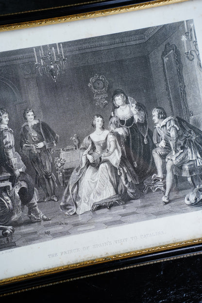 Antique Framed Spanish Court Scene Engraving, 19th Century