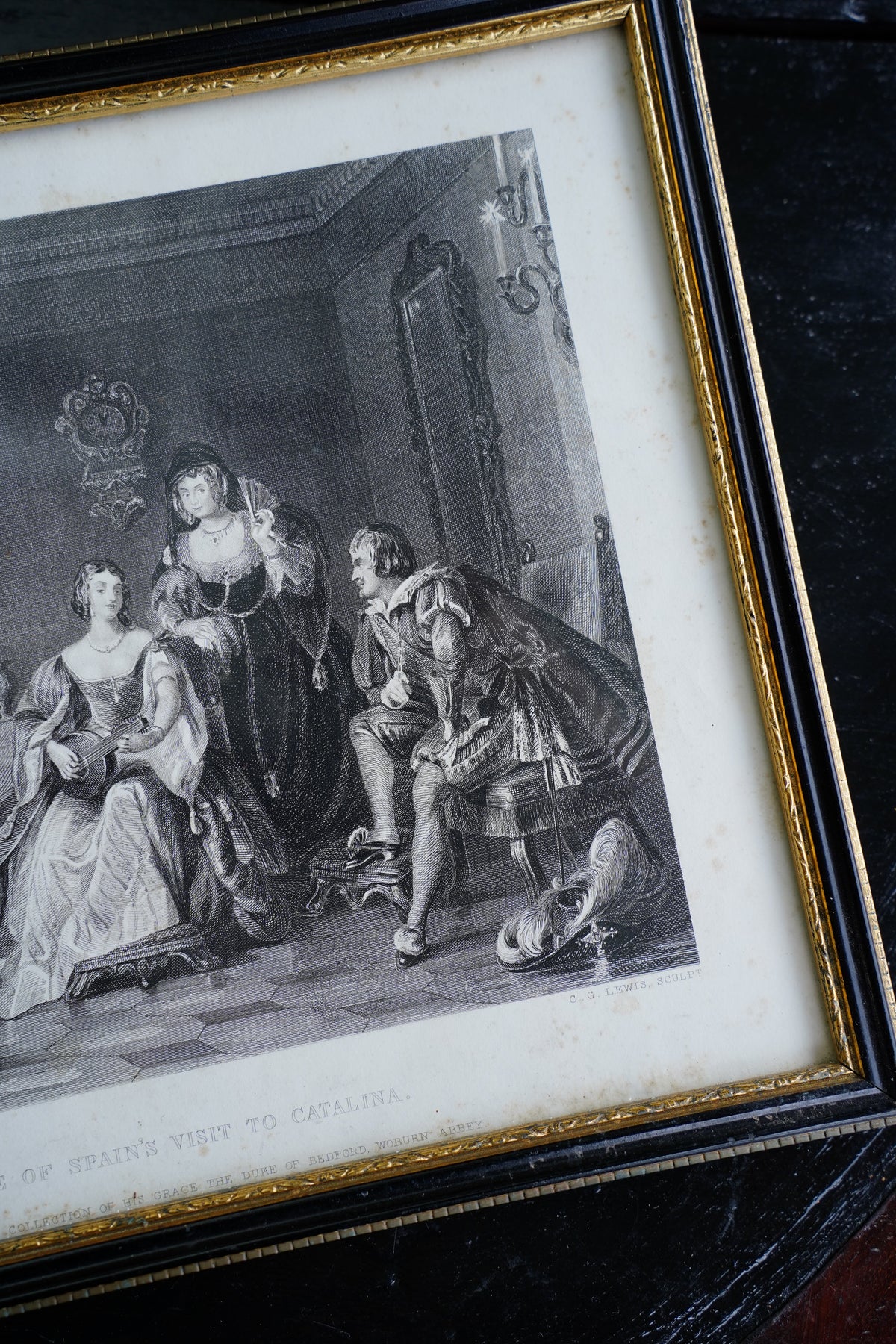 Antique Framed Spanish Court Scene Engraving, 19th Century