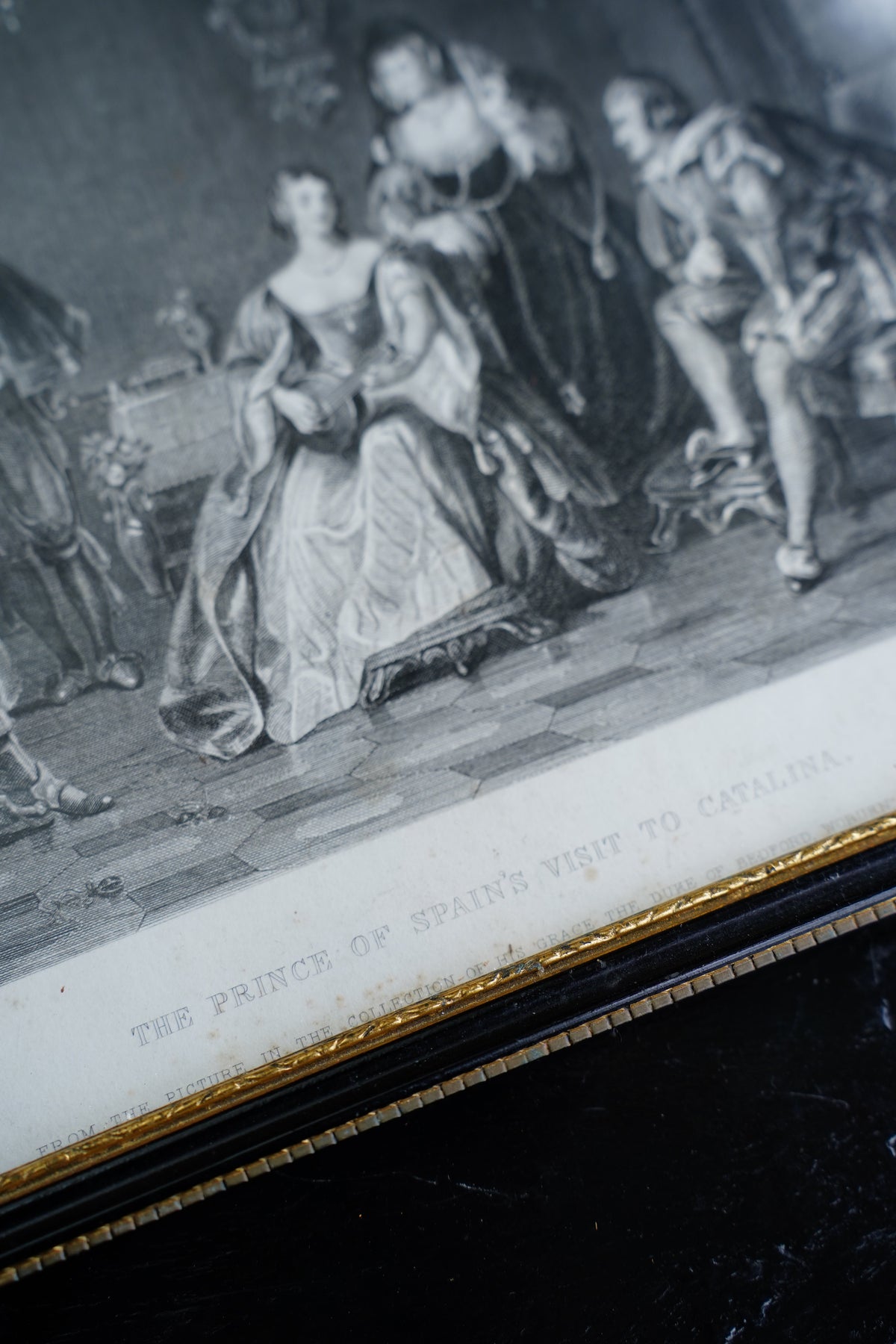 Antique Framed Spanish Court Scene Engraving, 19th Century