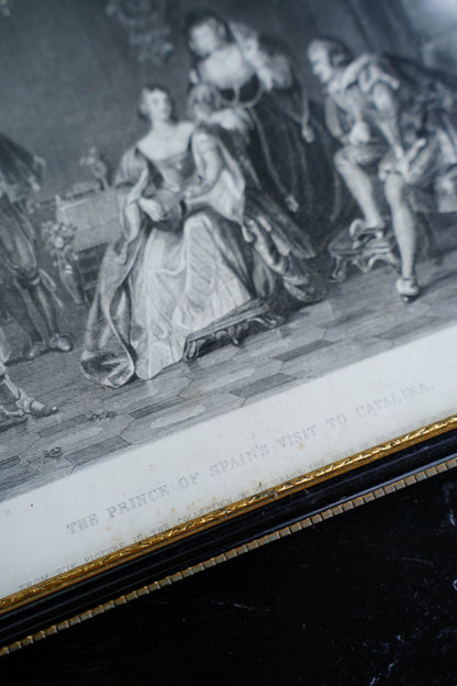 Antique Framed Spanish Court Scene Engraving, 19th Century