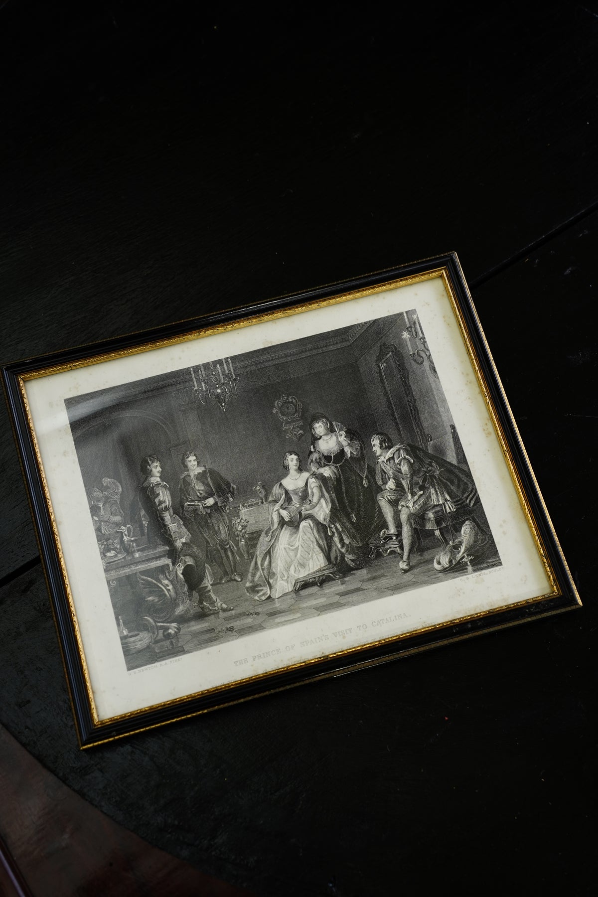 Antique Framed Spanish Court Scene Engraving, 19th Century