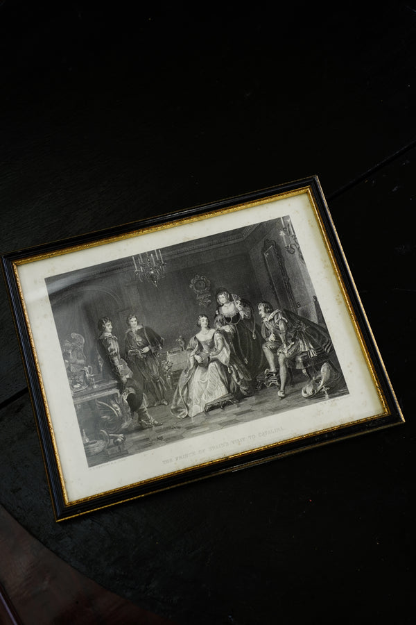 Antique Framed Spanish Court Scene Engraving, 19th Century