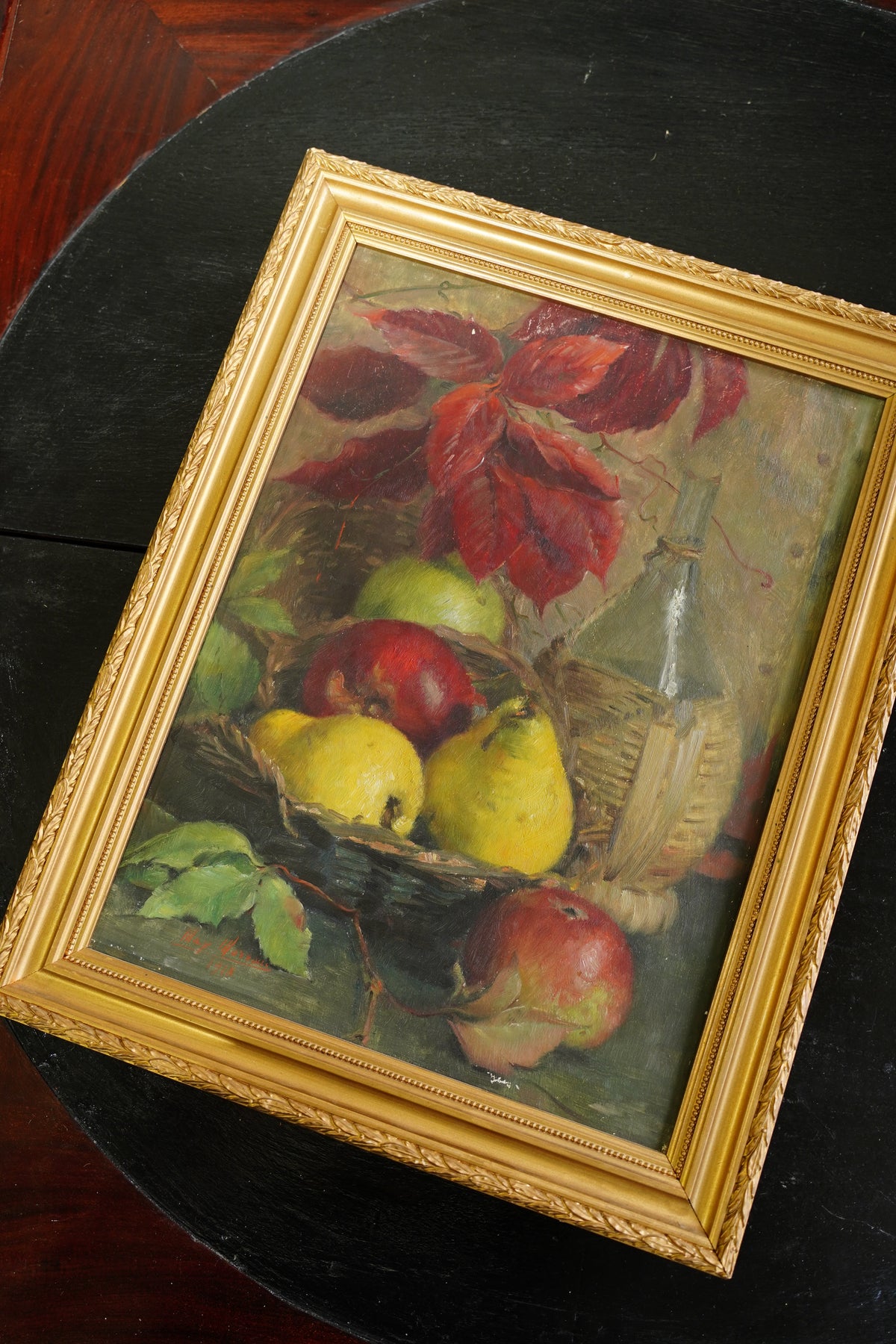 Antique Signed European Fruit Still Life Oil Painting, 1918