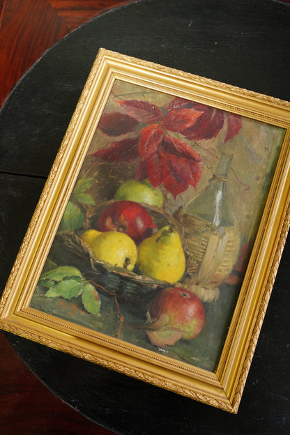 Antique Signed European Fruit Still Life Oil Painting, 1918