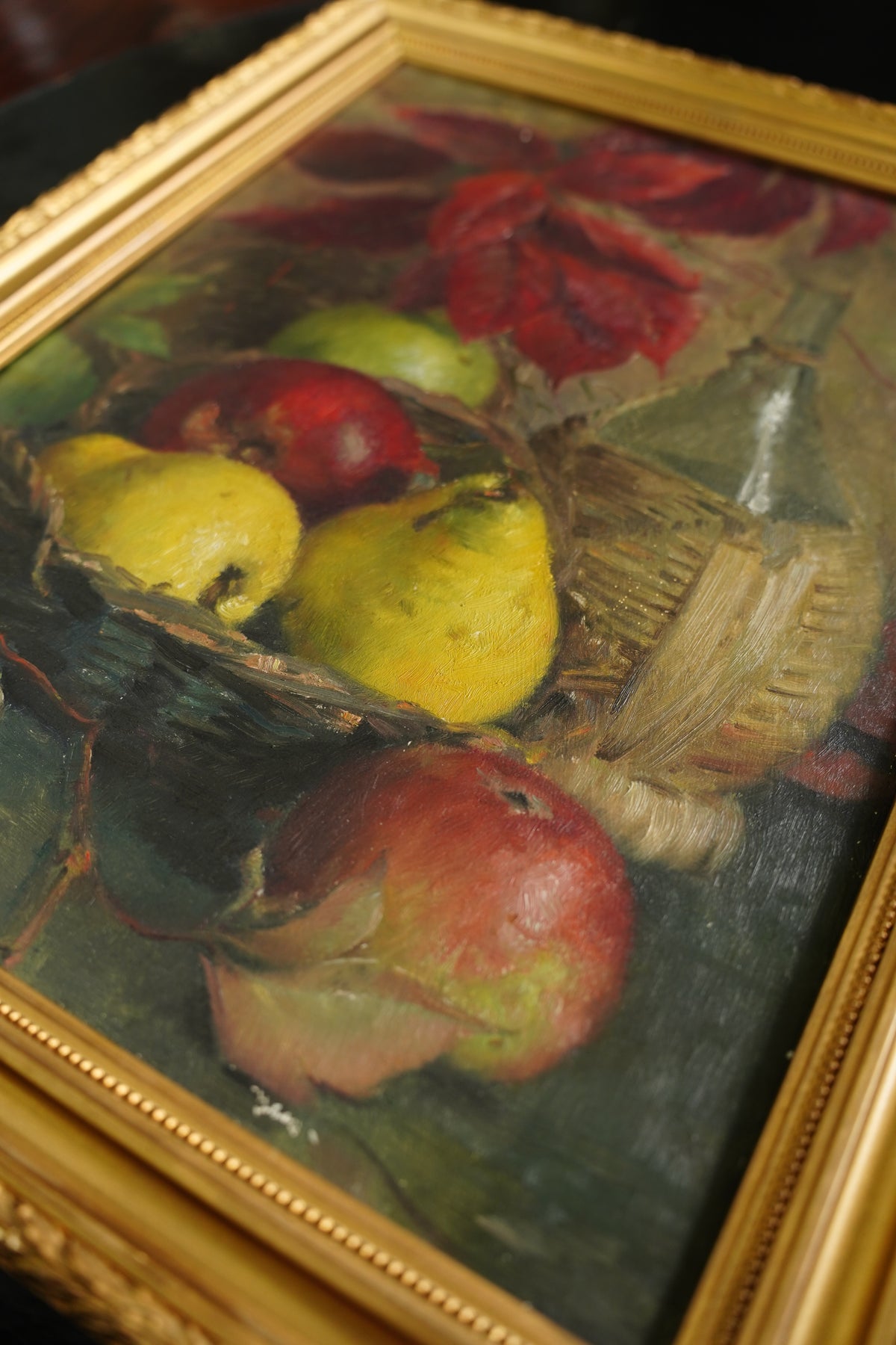 Antique Signed European Fruit Still Life Oil Painting, 1918