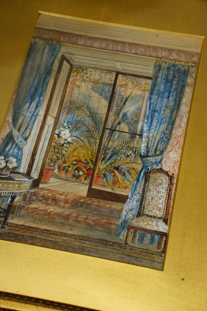 Antique English Interior Watercolor Painting, 1896