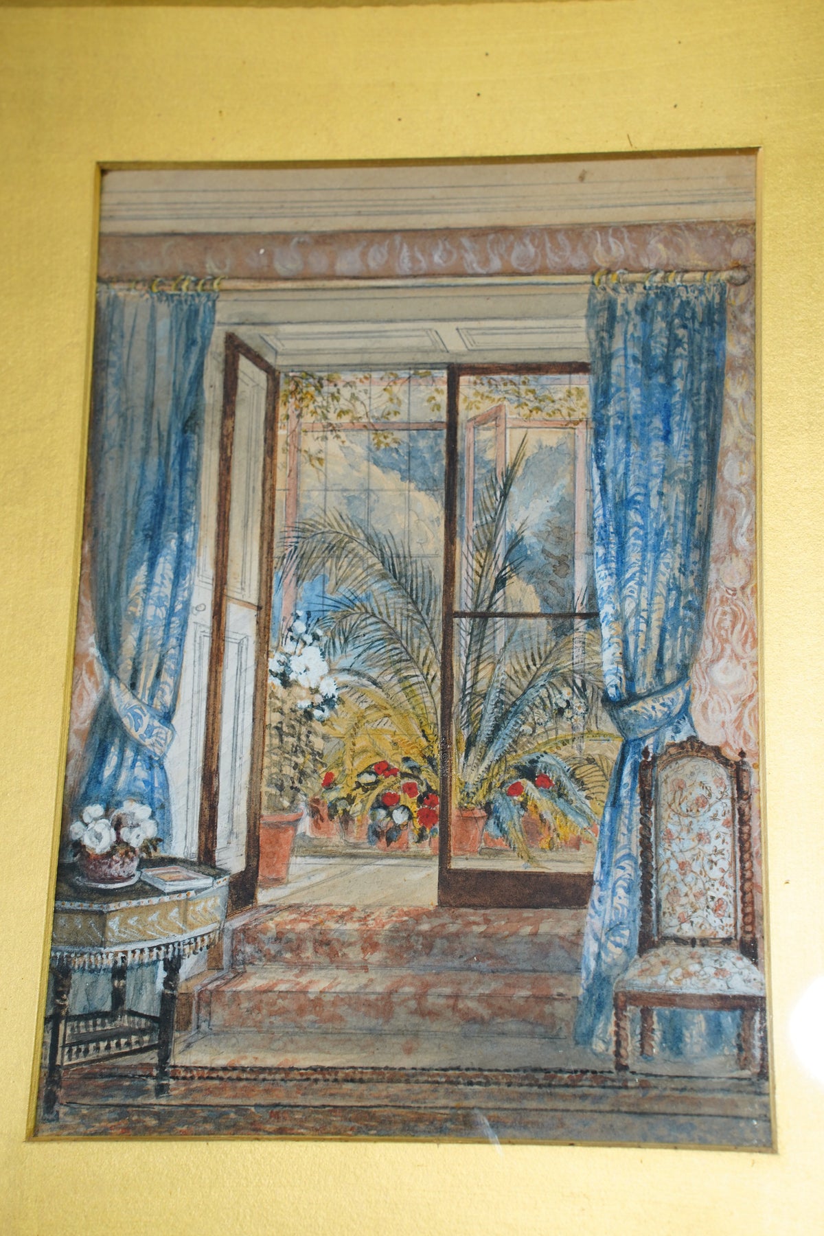 Antique English Interior Watercolor Painting, 1896
