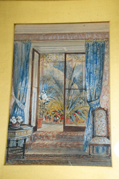 Antique English Interior Watercolor Painting, 1896