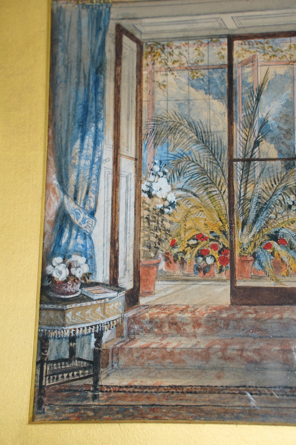 Antique English Interior Watercolor Painting, 1896