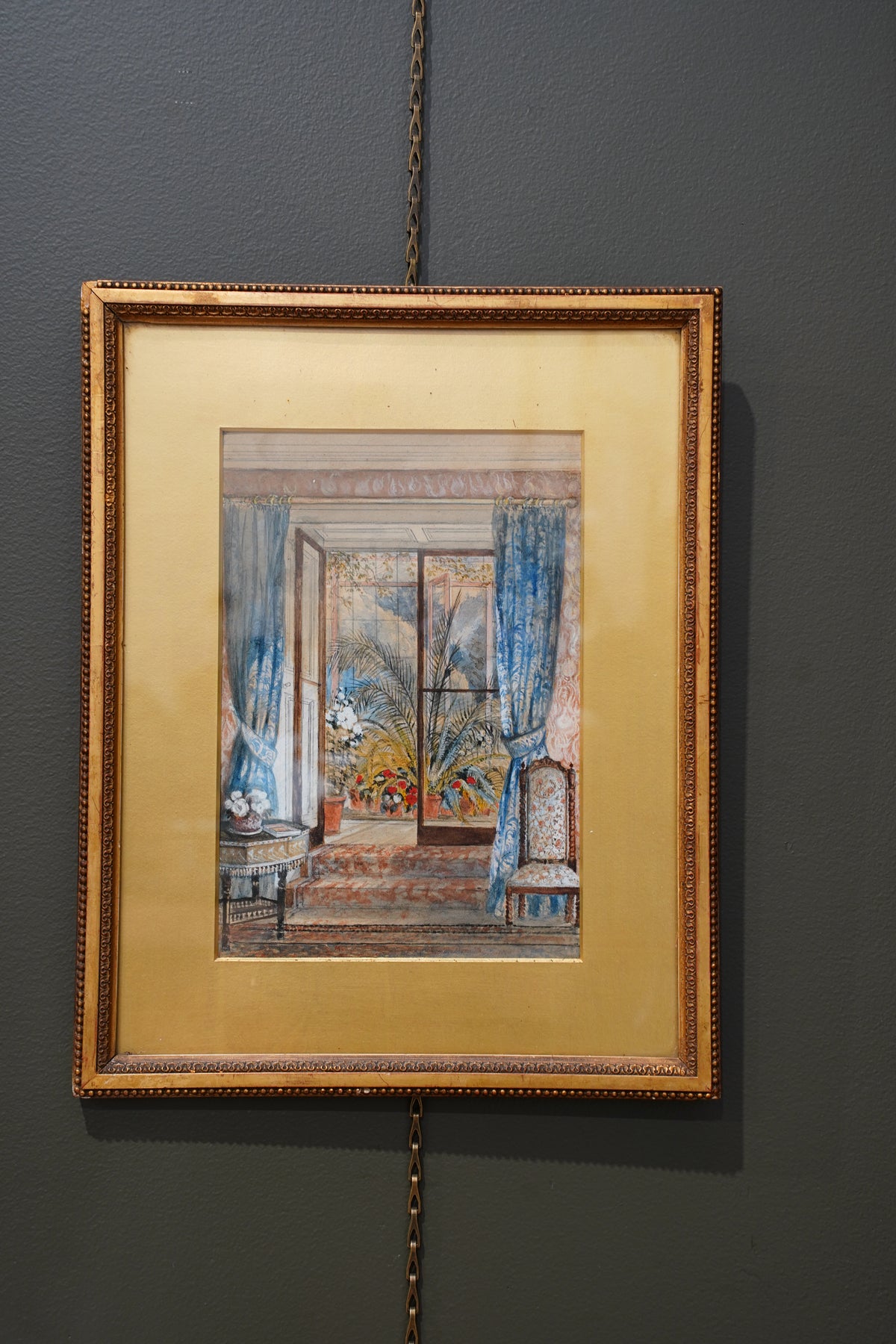 Antique English Interior Watercolor Painting, 1896