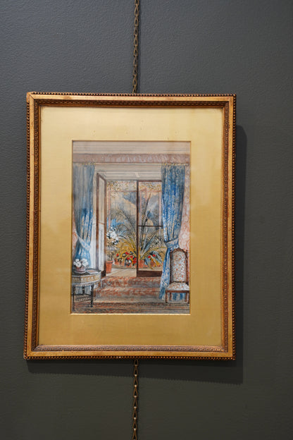 Antique English Interior Watercolor Painting, 1896