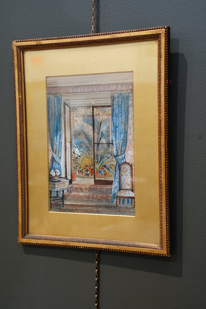 Antique English Interior Watercolor Painting, 1896