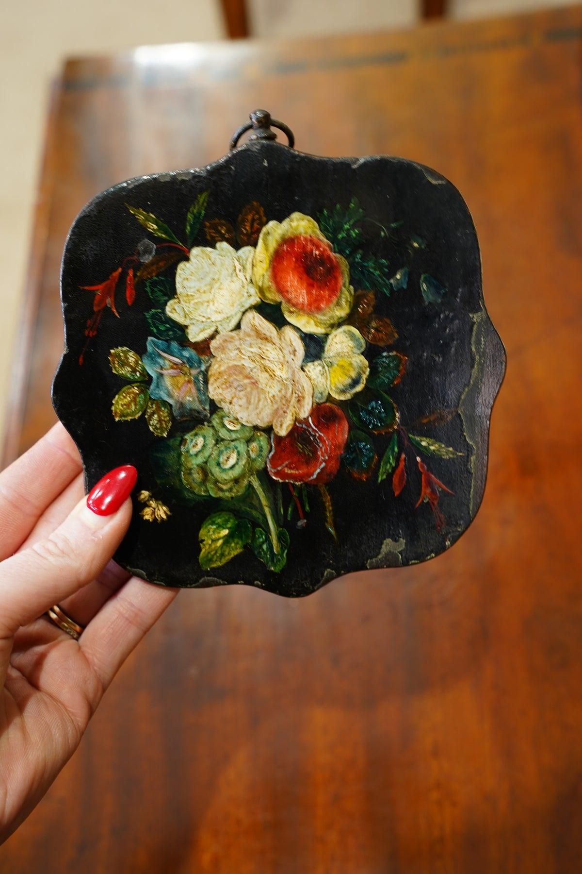 Antique Small Floral Oil Painting on Wood, Unframed