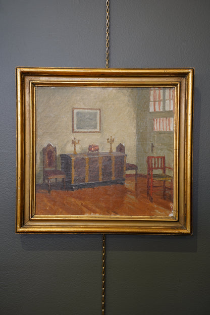 20th Century Monogrammed Interior Oil Painting