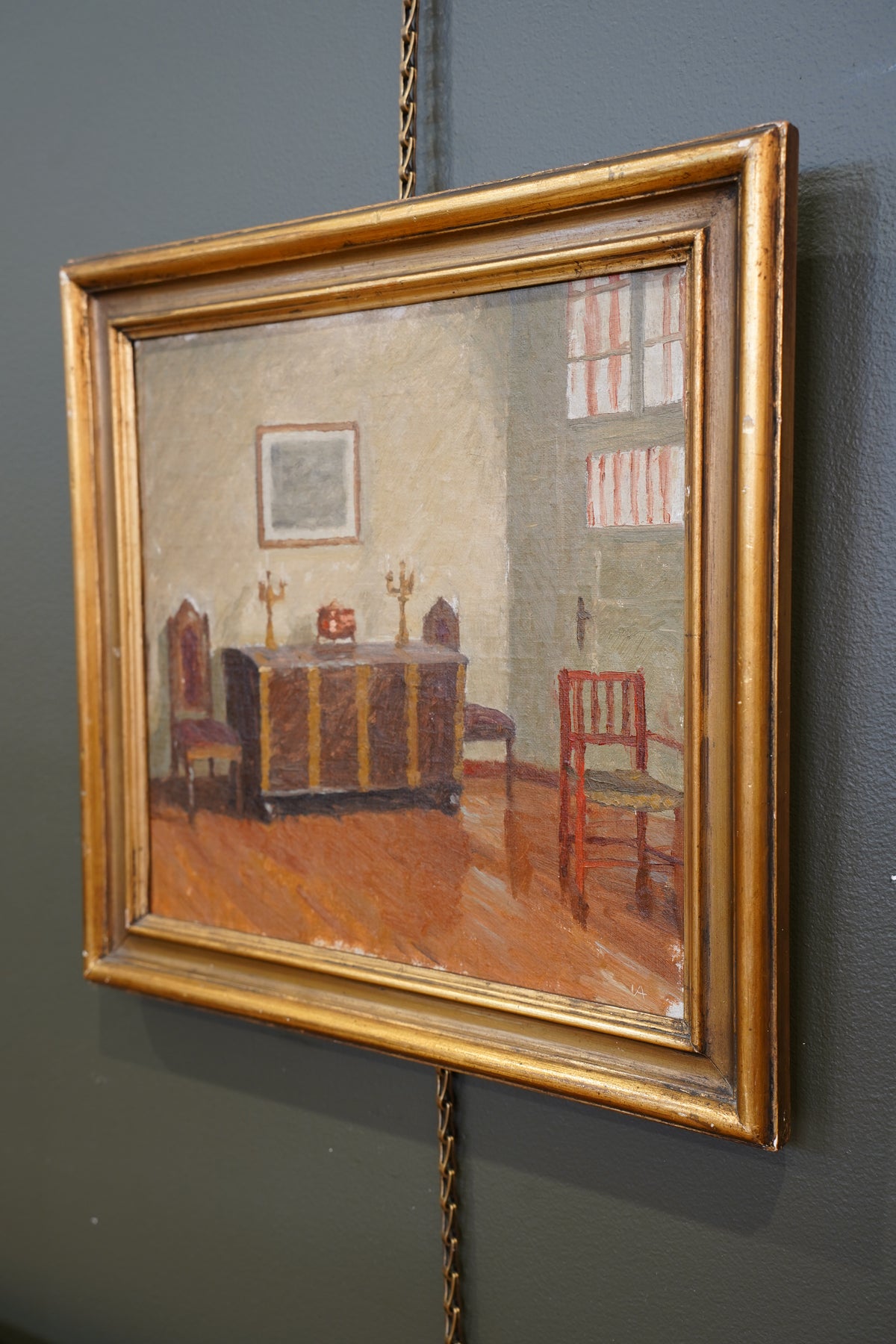 20th Century Monogrammed Interior Oil Painting