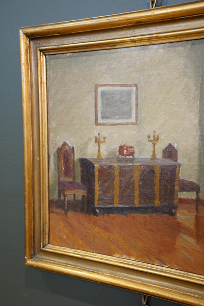 20th Century Monogrammed Interior Oil Painting