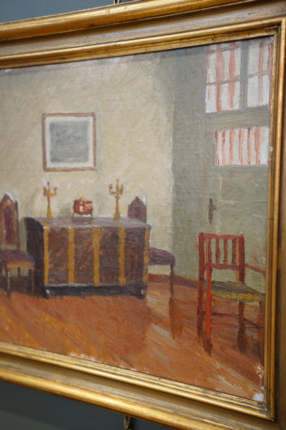 20th Century Monogrammed Interior Oil Painting