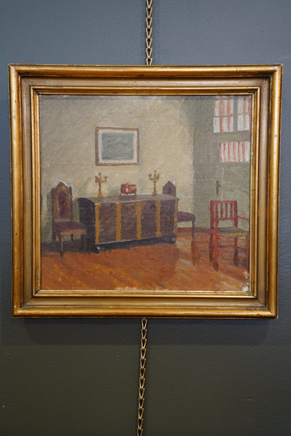 20th Century Monogrammed Interior Oil Painting