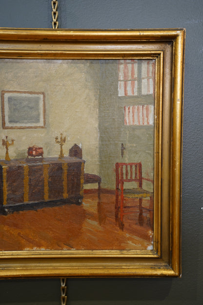 20th Century Monogrammed Interior Oil Painting