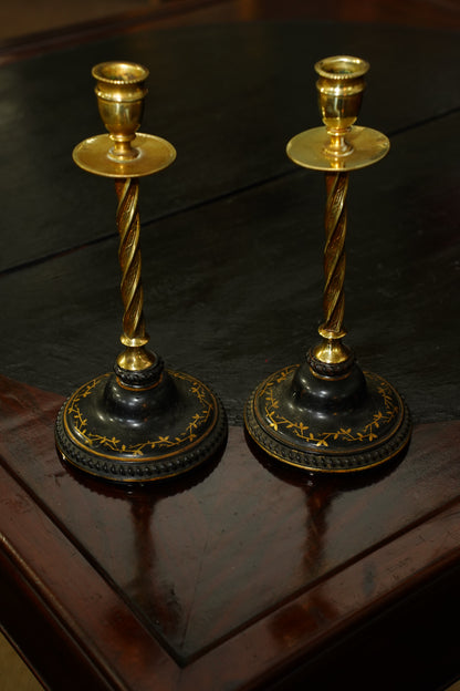 Pair of Antique Victorian Black and Gilt Candlestick
