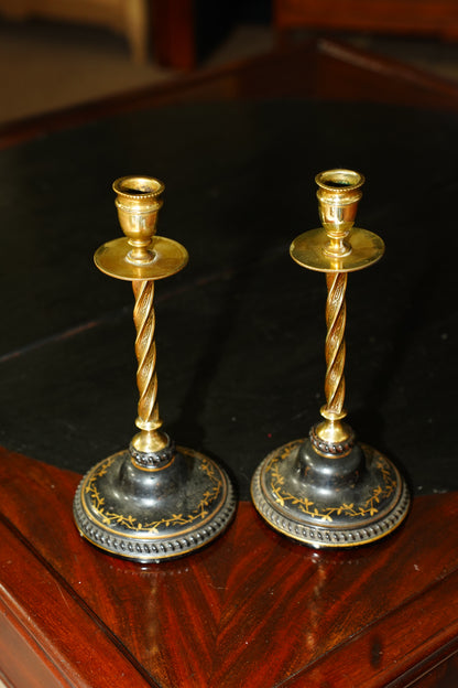 Pair of Antique Victorian Black and Gilt Candlestick