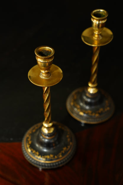 Pair of Antique Victorian Black and Gilt Candlestick