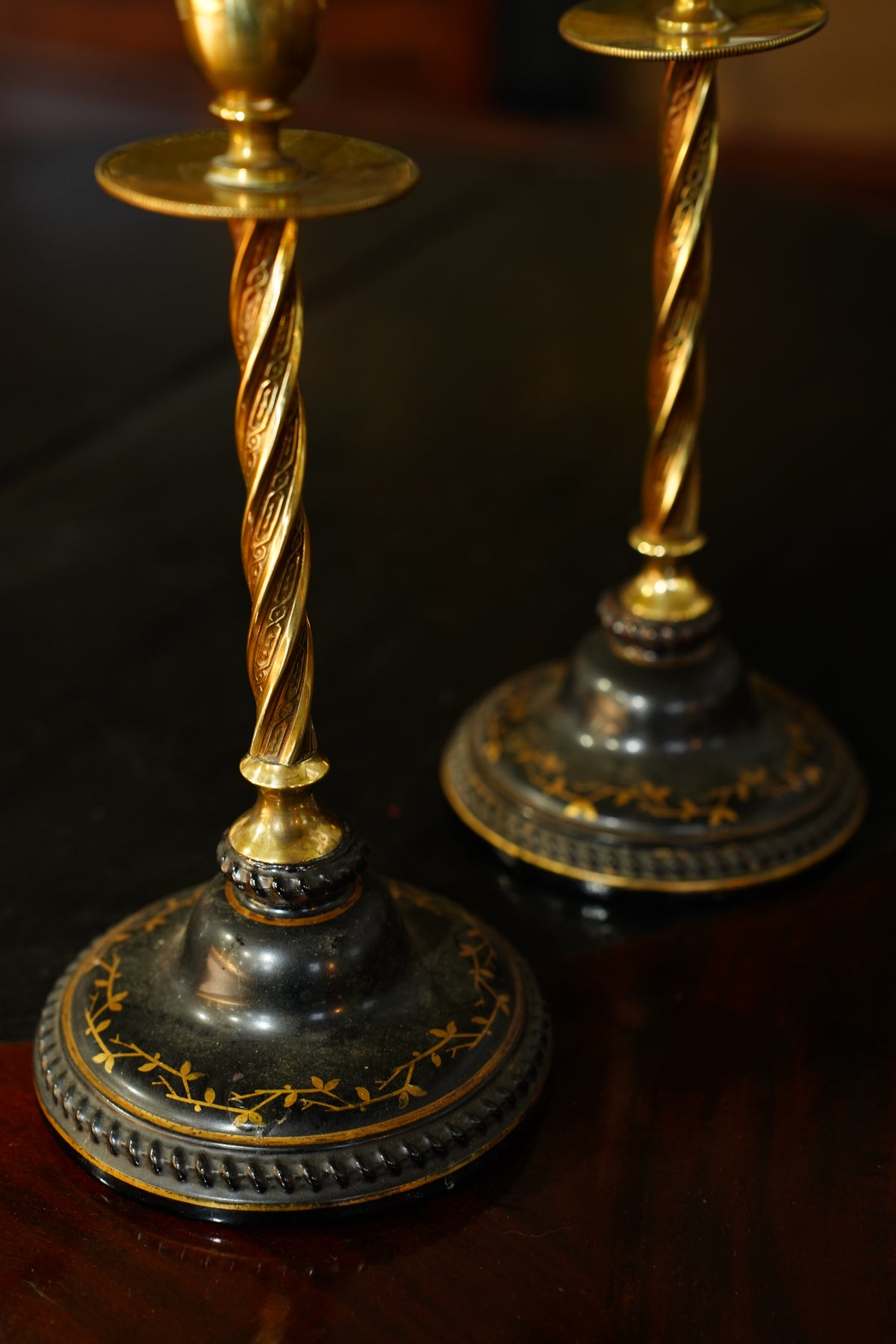 Pair of Antique Victorian Black and Gilt Candlestick