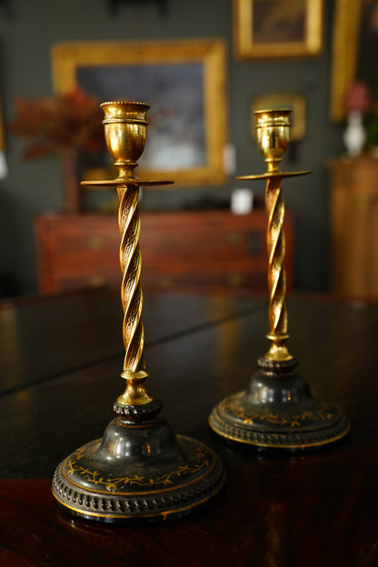 Pair of Antique Victorian Black and Gilt Candlestick