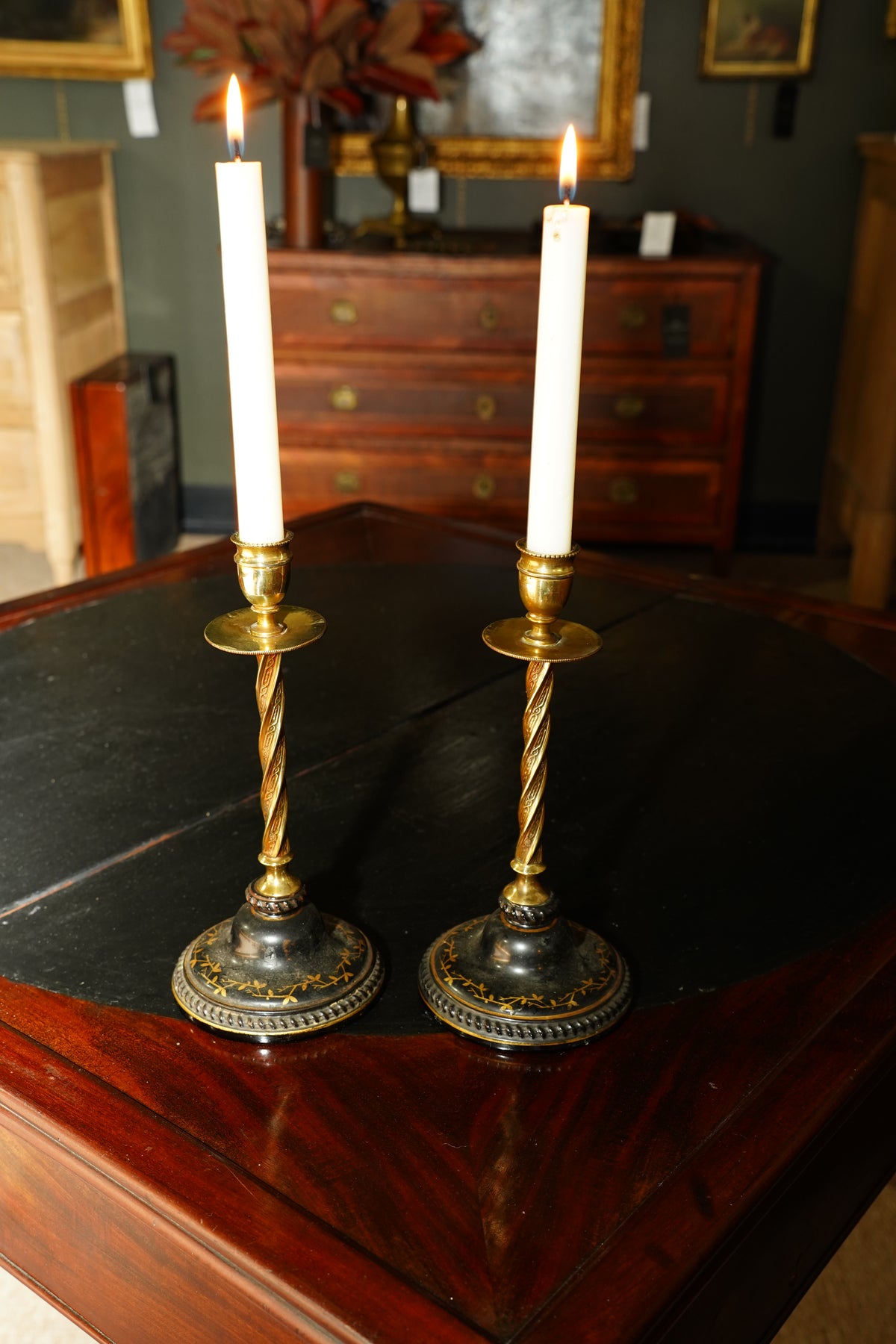 Pair of Antique Victorian Black and Gilt Candlestick