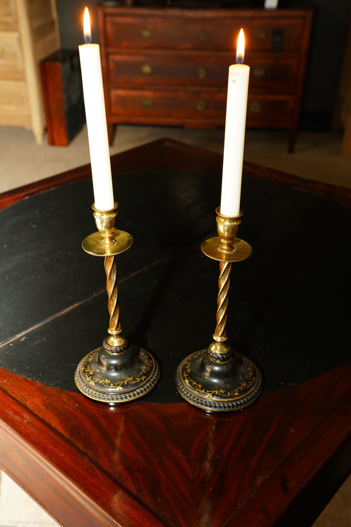 Pair of Antique Victorian Black and Gilt Candlestick