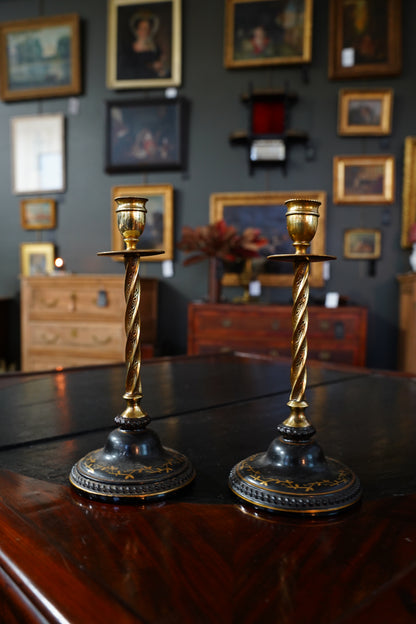 Pair of Antique Victorian Black and Gilt Candlestick