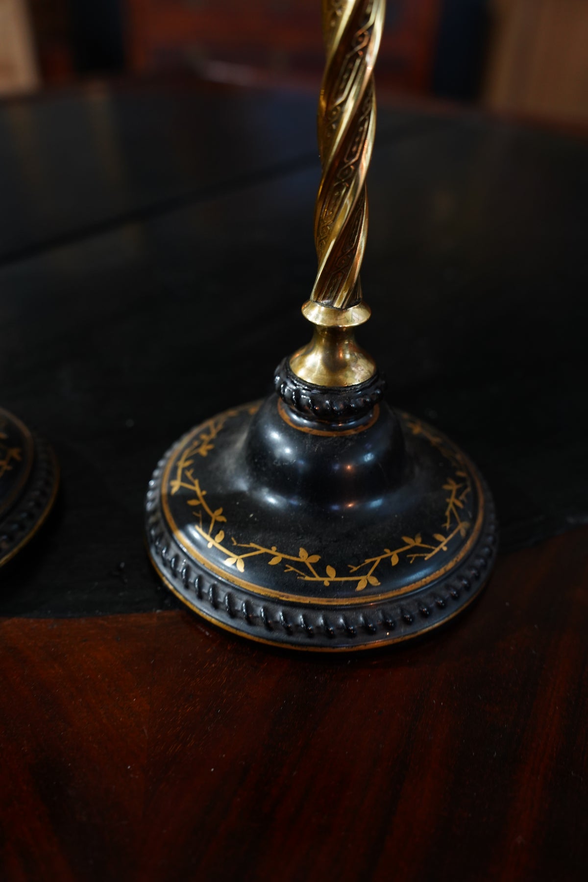 Pair of Antique Victorian Black and Gilt Candlestick